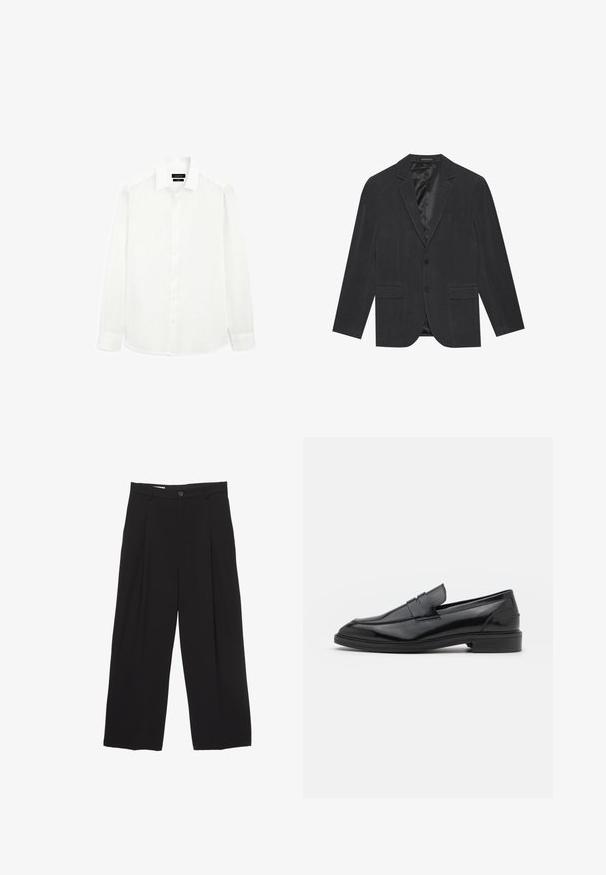 Mørkegrå blazer med enkeltknap-design, slagkraver, to frontlommer og satinforet indre. To-knaps lukning.; Hvid langærmet skjorte med klassisk krave, knaplukning foran og lige skæring i kanten. Lavet af letvægtsstof med en glat overflade.; Sorte bukser med bred benvidde lavet af glat stof, med flad talje, frontfolder og en enkelt knaplukning.; Sorte læder loafers med en glat overflade, der har en rund tå og en smal bånd over det øverste. Lav stablet hæl.