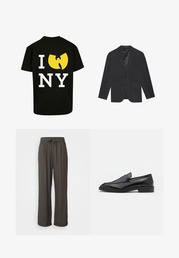 Tumma harmaa puku, jossa on yksirivinen malli, huomaamattomat läpät, kaksi etutaskua ja satiinivuori. Kaksi nappia sulkemista.; Musta puuvillainen t-paita, jossa on keltainen Wu-Tang Clanin logo valkoisen "I NY"-tekstin yläpuolella. Lyhyet hihat ja klassinen istuvuus.; Tummanharmaat leveälahkeiset housut, joissa on nyöri vyötäröllä, valmistettu pehmeästä, tekstuuripinnoitetusta kankaasta, ja joissa on käänteet nilkoissa.; Musta nahkakengät, joissa on sileä pinta, pyöristetty varvas ja kapea nauha päällä. Matala paksu kanta.