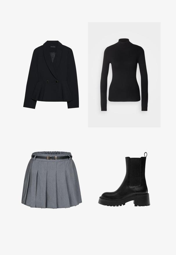 Schwarzer Peplum-Blazer mit Spitze-Revers, doppelt-knopfverschluss mit goldenen Akzenten und strukturierter Form. Glatte Stoffoberfläche.; Schwarzer Rollkragenpullover aus leichtem Strickgewebe. Mit langen Ärmeln, taillierter Passform und weichem Ripptextil.; Grauer Faltenrock mit gatherd Taille und einem schwarzen Gürtel mit goldener Schnalle. Weicher Stoff mit glatter Textur.; Schwarze Leder-Ankle-Boots mit einer robusten Sohle, strukturierten Seitenpaneelen und einer Zugschlaufe. Sie verfügen über eine glatte Oberfläche und eine runde Zehenpartie.