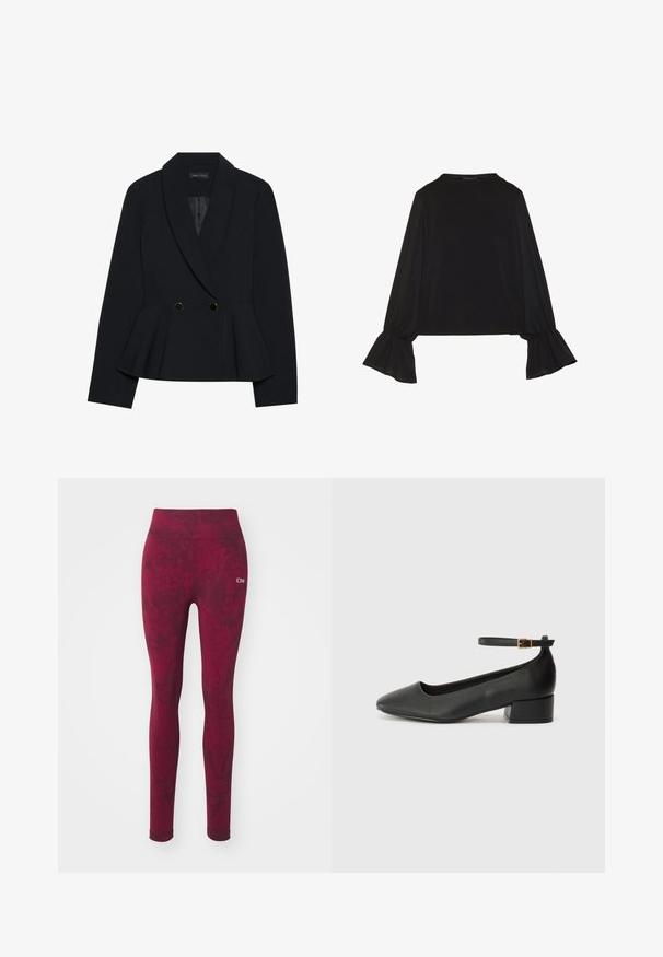 Czarna marynarka peplum z szpiczastymi klapami, podwójnym zapięciem na guziki z złotymi akcentami i ustrukturyzowaną formą. Gładka tekstura tkaniny.; Czarny top z długim rękawem, z rozkloszowanymi mankietami, miękką fakturą i luźnym krojem, z prostym okrągłym dekoltem.; Bordowe legginsy z wzorem tie-dye, wysokim stanem i bezszwowym wykończeniem. Tekstura tkaniny wydaje się gładka i elastyczna.; Czarne skórzane szpilki z ostrym noskiem i niskim słupkowym obcasem. Wyposażone w pasek na kostkę z złotym zapięciem. Gładka tekstura.