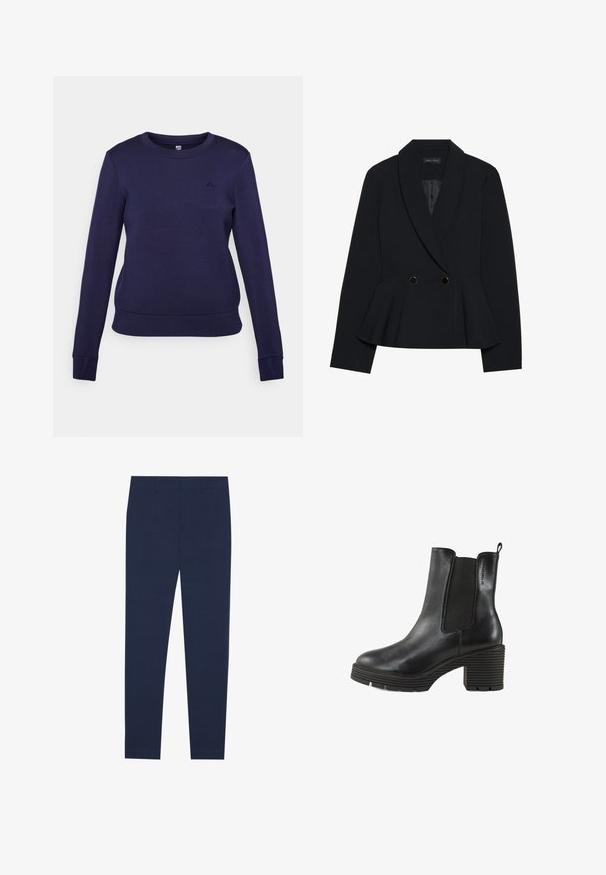 Blazer peplum nero con rever a punta, chiusura a doppio bottone con accenti dorati e forma strutturata. Tessuto dalla texture liscia.; Felpa blu navy, colletto a girocollo, maniche lunghe, polsini e fondo a coste, realizzata in tessuto morbido con un dettaglio del logo discreto sul petto.; Pantaloni blu navy realizzati in tessuto liscio, caratterizzati da un design a gamba dritta e un davanti piatto. Nessun motivo o accento visibile.; Stivale alla caviglia in pelle nera con lati elasticizzati, tacco spesso e texturizzato, e un pratico inserto per il tallone. Punta arrotondata e suola a coste distintive.