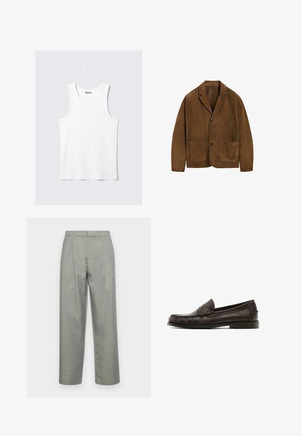 Blazer in suede marrone con revers a punta, quattro bottoni frontali e due grandi tasche a toppa. Texture morbida con un design pulito e minimalista.; Top bianco senz maniche con scollo rotondo e bretelle larghe. Realizzato in un tessuto leggero e liscio, caratterizzato da un design minimalista senza fantasie.; Pantaloni grigi su misura realizzati in tessuto testurizzato, con un design a gamba dritta, pieghe frontali e una vita standard con passanti per cintura.; Mocassini in pelle marrone con una texture liscia, caratterizzati da cuciture decorative, un tacco basso e una punta arrotondata.