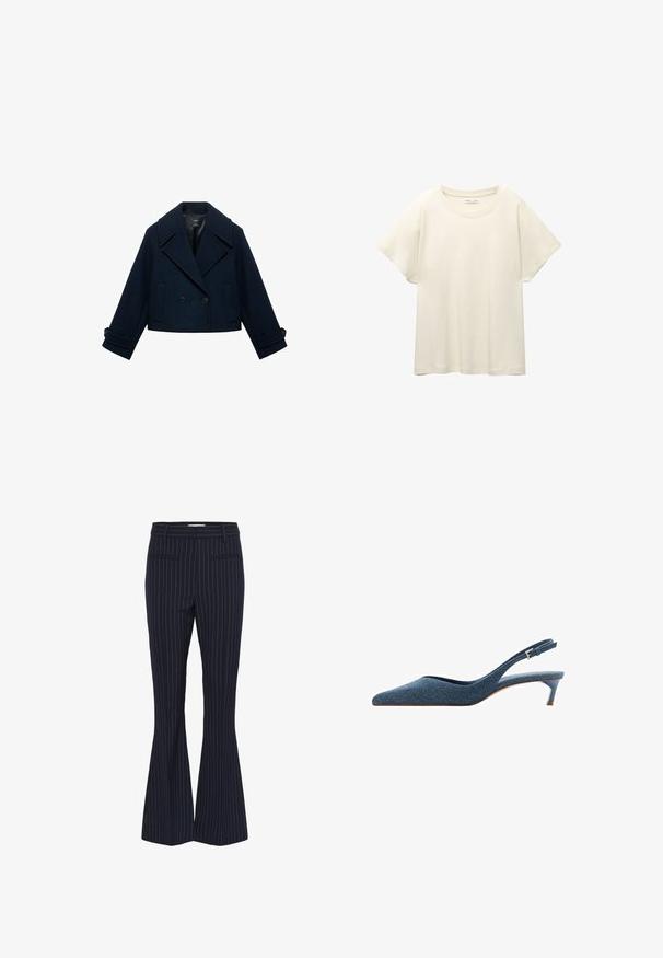 Navy plavi vuna spojeni skraćeni peacoat s dvostrukim kopčanjem, velikim reverima, dvostrukim bočnim džepovima i detaljima na rukavima s gumbima.; Svijetlo bež majica kratkih rukava s okruglim izrezom, izrađena od meke, glatke tkanine. Karakterizira je opušteni kroj i ravni rub.; Mornarske prugaste hlače s lepršavim krojem, dva prednja džepa, odlično krojenje i glatka, teksturirana tkanina. Naglašene uskim plavim prugama.; Kobalt plave slingback štikle sa šiljastim vrhom i niskom, tankom potpeticom. Imaju teksturirani materijal u tamnoplavoj boji i elegantan, uski dizajn.