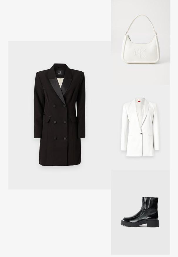 Bílý blejzr s jedním knoflíkovým zapínáním, se záložkovými klopami a jemnou texturou. Obsahuje detail kapesního čtverečku a saténovou podšívku.; Dvoubarevná černá blazer šaty vyrobené z hladkého materiálu, s saténovým límcem, dvěma klopovými kapsami a šesti předními knoflíky.; Černé kotníkové boty s lesklým lakovaným povrchem, robustní černou gumovou podešví a zvýšeným podpatkem; obsahují jemný logo detail na boku.; Bílá kožená kabelka s křivkovým tvarem, na přední straně s vyraženým logem "CK" a jediným ramenním popruhem. Zipový uzávěr na vrchu.