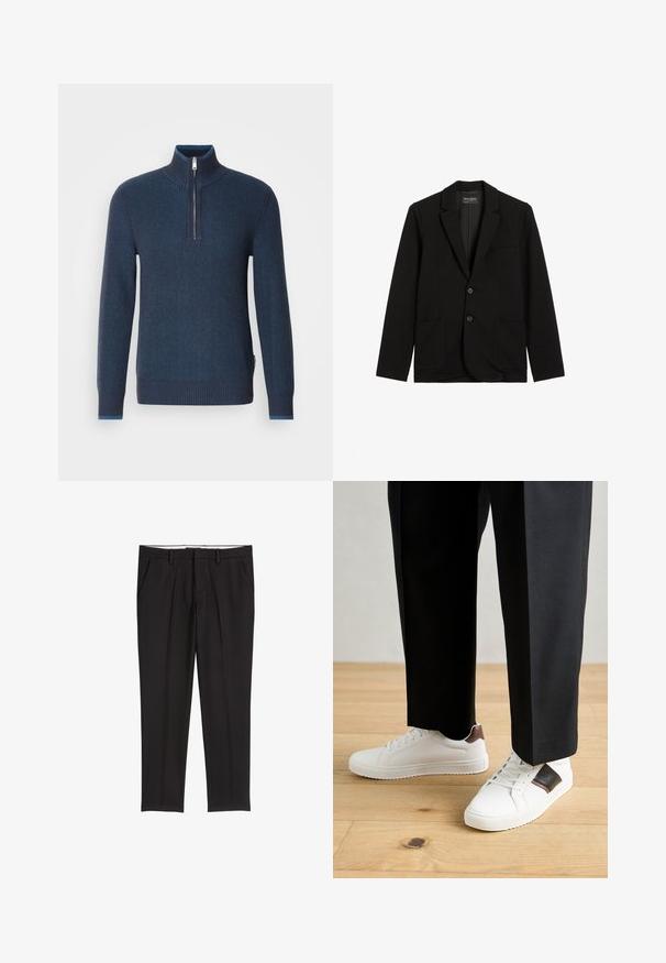 Black blazer made of smooth fabric, featuring a notched lapel, two front pockets, and two buttons. Simple design with no visible patterns.; Navy blue zip-neck sweater. Ribbed texture, long sleeves, fitted cuffs, and a contrasting inner collar. Made from a soft, warm fabric.; Black tailored trousers with a smooth texture, featuring two side pockets, a flat front, and a classic waistband.; White sneakers with smooth texture, featuring brown leather accents and black detailing, paired with black tailored pants. Wooden floor background.