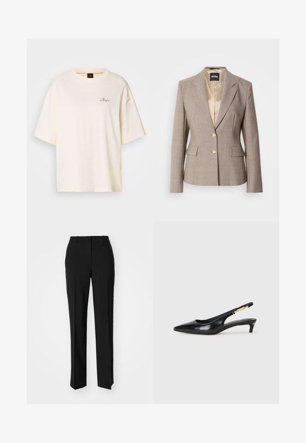 Jasnobrązowa marynarka dopasowana z gładkim satynowym podszewką, dwoma przednimi kieszeniami i dwoma beżowymi guzikami do zapięcia.; Biała, oversize'owa koszulka z miękkiego materiału, z okrągłym dekoltem i krótkimi rękawami, z małym czarnym logo "Boss" na przodzie.; Czarne spodnie o dopasowanym kroju z prostymi nogawkami, o gładkiej fakturze i wyraźnych zagięciach z przodu. Bez widocznych elementów metalowych.; Czarne skórzane szpilki typu slingback z ostrym noskiem, posiadające smukły obcas i złoty akcent na regulowanym pasku. Gładka tekstura.