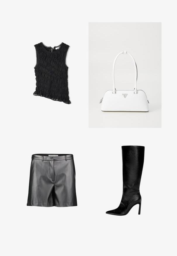 Geverifieerde blazer in lichtbruin en zwart, met een enkele knoopsluiting, notch-revers, gestructureerde schouders, gecombineerd met lichtblauwe jeans.; Zwarte mouwloze top met een gerimpelde textuur, franjerand en een asymmetrische snit. Verstelbare sluiting met touw aan de achterkant. Lichtgewicht stof.; Zwarte leren shorts met een gladde textuur, een op maat gemaakte ontwerp, riemlussen en zakken aan de voorkant, met een rechte zoom en minimale naaddetails.; Zwart leren laars tot de knie met een spitse neus, hoge stilettohak, een gladde afwerking en een eenvoudig, slank ontwerp zonder versieringen.; Witte leren handtas met een gebogen vorm, voorzien van een zilveren driehoekig logo en ritssluiting. Gladde textuur en dubbele handvaten.