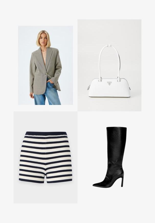 Tjekket blazer i lys brun og sort, enkeltknap-lukning, skrå lapelkraver, strukturerede skuldre, parret med lyseblå jeans.; JJXX JXGIGI BODY 2 PACK - Langærmet T-shirt - black; Ribbet shorts i marineblå og hvide striber, der har en tætsiddende form og en blød tekstur. Livremmen er marineblå, hvilket komplementerer mønstret.; Knæhøj sort læderstøvle med spids tå, høj stiletthæl, glat finish og et enkelt, strømlinet design uden pynt.; Hvid lædertaske med en buet form, der har et sølvtrapezlogo og lynlåslukning. Glat tekstur og dobbelthåndtag.