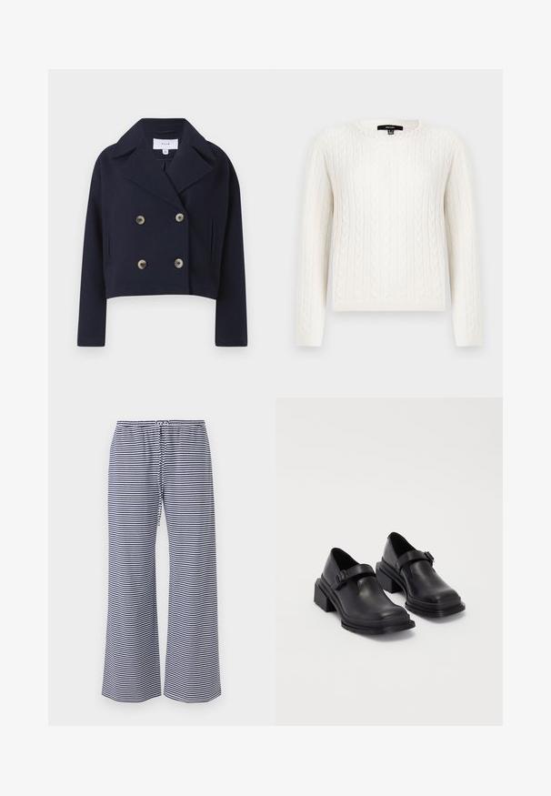Tamno plava skraćena dvostruka jakna s ovratnikom, koja uključuje dva prednja džepa i mesingaste gumbe, izrađena od mekog materijala.; Bijela pletiva s uzorkom, dugih rukava, okruglog izreza, s ukrasnim bisernim detaljem na ovratniku. Mekana tekstura i prilagođeni dizajn.; Hollister Co. MAY BAGGY PULL ON - Donji dijelovi trenirke - dark blue/white; Crne kožne cipele s okruglim vrhom, ravnim đonom i remenom s detaljem kopče. Debeli blok peti za dodatnu stabilnost.