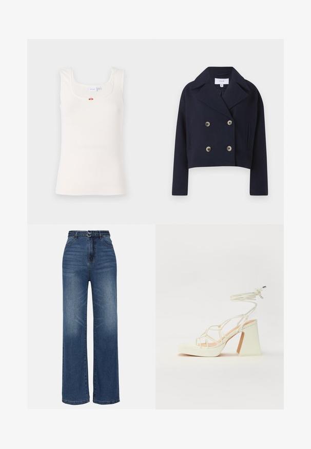 Marinblå kort dubbelknäppt jacka med krage, utrustad med två framfickor och mässingsknappar, tillverkad av ett mjukt tyg.; Vit ribbad linne med fyrkantig halsringning och smala axelband. Har en liten blommig detalj i mitten av bröstet.; Breda ben blå denimjeans med hög midja, med två metallspännen, subtil blekning och standard femfickorsdesign.; Vit högklackad sandal med en kraftig klack, med ett remdesign och ankelband. Slät textur med en plattform framtill för ökad höjd.