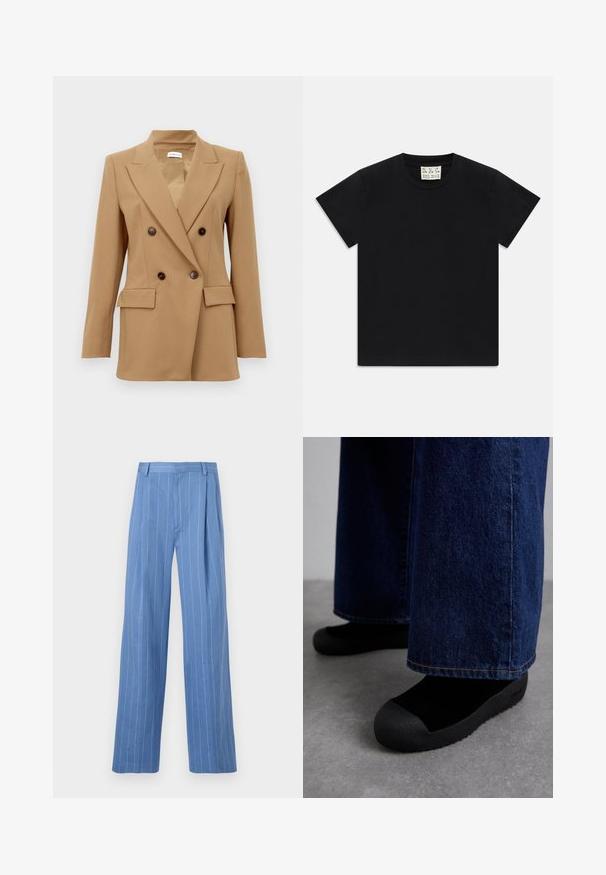 Kamelbarna, dupla soros blézer, melynek kihajtott gallérja van, négy sötét gombbal, hosszú ujjakkal és két elülső zsebével.; Fekete, rövid ujjú, kerek nyakú póló fehér címkével a gallér belsejében, amelyen az "D.R.C. EST. 2002" felirat szerepel, fehér háttéren.; Világoskék, bő szárú nadrág függőleges fehér csíkokkal. Simább anyagból készült, elöl redőzéssel és letisztult derékpánttal rendelkezik.; Bally GUARD - Téli csizmák - black