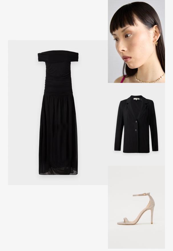 Melnā žakete ar izgrieztu apkakli, diviem priekšējiem pogām un piegriezuma šuvēm. Izgatavota no gludas auduma, ar garām piedurknēm un strukturētu piegriezumu.; Melna kleita ar atvērtām plecu daļām, izgatavota no mīksta auduma, ar saspringuma detaļām pie krūšu daļas un plūstošu, savākta svārku daļu, kas nodrošina brīvu piegriezumu.; Sandales ar augstiem papēžiem ar siksniņām, izgatavotas no metāliskas rozā zelta, ar teksturētu virsu, atvērtu purngalu un potītes siksniņu ar zelta sprādzi.; Zelta apli gredzens ausī, kas valkāta labajā pusē, ar atvērtu dizainu. Modelim ir taisni, tumši mati un minimāls grims.