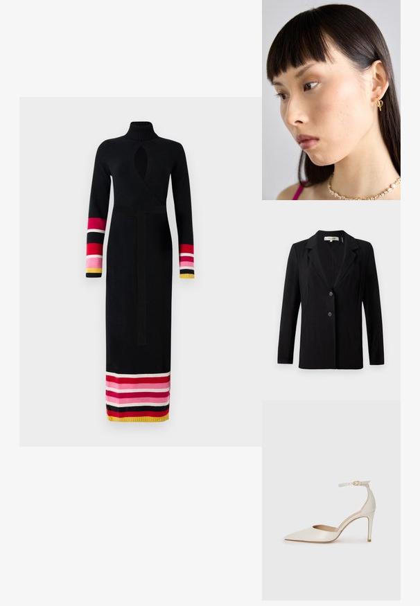 Juodas švarkas su įpjovimu ant apykaklės, dviem priekiniais mygtukais ir pritaikytais siūlais. Pagamintas iš lygaus audinio, su ilgomis rankovėmis ir struktūruotu siluetu.; Minkšta juoda suknelė su aukštu apykaklė, su aplinkiniu dizainu, ilgomis rankovėmis, kurių kraštai ir apatinė dalis puošti spalvingomis dryžuotomis detalėmis - rožinės, raudonos ir geltonos spalvos.; Balti odiniai aukštakulniai batai su smailiu priekiniu galu, kulkšnies dirželiu ir siauru stiletu. Lygi tekstūra su subtiliu blizgiu paviršiumi.; Auksinė įvorės auskaras, dėvimas dešinėje ausyje, su atviru dizainu. Modelis turi tiesius tamsius plaukus ir minimalų makiažą.