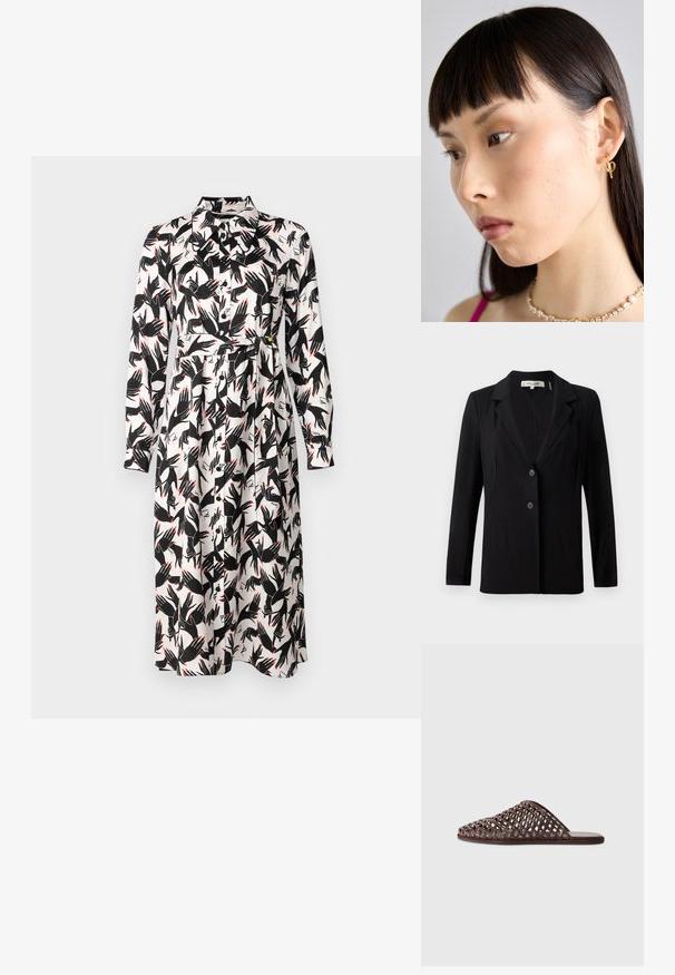 Musta bleiseri, jossa on lovellinen kaulus, kaksi etupainiketta ja muotoillut saumat. Valmistettu sileästä kankaasta, pitkät hihat ja rakenteellinen istuvuus.; Diane von Furstenberg GIZELLE DRESS - Vapaa-ajan mekko - ivory; Ruske kudrane natikače s zaobljenim nosom, odprtim dizajnom, ravnim podplatom in teksturirano površino. Lahek material in minimalistična silhueta.; Kulta rengas korvakoru, joka on paikallaan oikeassa korvassa, ja siinä on avoin muotoilu. Mallilla on suora, tumma hius ja vähäinen meikki.