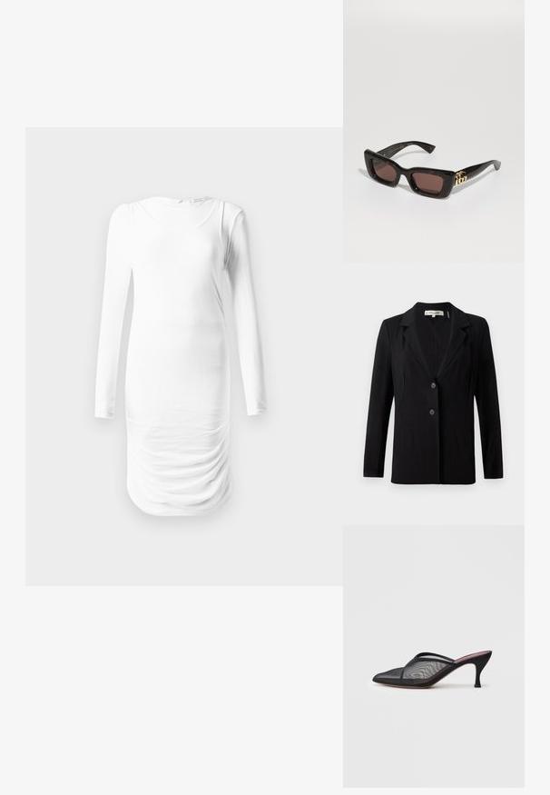 Blazer negro con cuello de muesca, dos botones frontales y costuras entalladas. Confeccionado en tela suave, con mangas largas y un ajuste estructurado.; Vestido blanco de manga larga hecho de una tela suave, con un escote redondo y textura fruncida a lo largo de la cintura. Diseño simple y ajustado.; Mule de rejilla negra con punta afilada, tiras delgadas y tacón de aguja de 3 pulgadas. Presenta una textura transparente y una suela tonal sólida.; Gafas de sol de carey negro con lentes rectangulares, tinte marrón, gruesa montura y detalle del logo doble-G en oro en la patilla.; Bolso de mano de cuero beige con una textura suave, forma rectangular y un cierre ovalado dorado. Cuenta con una correa larga y ajustable.