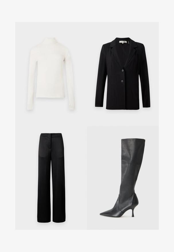 Black blazer featuring a notched collar, two front buttons, and tailored seams. Made of smooth fabric with long sleeves and a structured fit.; Long-sleeve turtleneck top in off-white, made of soft fabric. Features a fitted design and a high neckline. Smooth texture with no patterns.; Wide-leg black trousers with a textured surface, featuring a flat waistband and two side pockets. The fabric appears lightweight and flowing.; Knee-high black leather boots with a pointed toe and a slim stiletto heel. Smooth texture with a fitted design and stitching at the top edge.