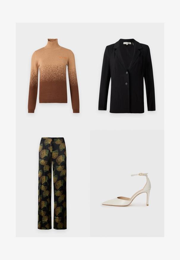 Fekete blézer, amelynek hajtott gallérja, két elülső gombja és szabott varrásai vannak. Simára szőtt anyagból készült, hosszú ujjú és strukturált fazonnal rendelkezik.; Barna garbónyakú pulóver, amely világosabb árnyalatokkal kezdődik a tetején, és sötétebb barna színűre vált a szegélyen. Hímzett részletek.; Fekete, bő szabású nadrág zöld és narancs ginkgo levél mintával. Az anyag finom textúrája kiemeli a mintát az egész felületen.; Fehér bőr, magassarkú cipő hegyes orral, bokapánttal és vékony tűs sarkal. Simaszövet, finom fényes felülettel.