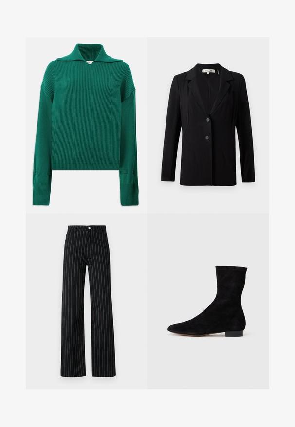 Čierny blazer s klopovým golierom, dvoma prednými gombíkmi a upravenými švami. Vyrobený z hladkej tkaniny, s dlhými rukávmi a štruktúrovaným strihom.; Zelený pletený sveter s širokým golierom, dlhými rukávmi a bočnými rozparkami. Má štruktúrovaný povrch a voľný strih.; Čierne nohavice so širokými nohavicami a vertikálnymi modrými pásikmi, obsahujúce klasický dizajn s piatimi vreckami a predným zapínaním na gombík.; Čierne semišové členkové topánky s priliehavým zvrškom, špicatou špičkou a nízkym blokovým opätkom. Hladká textúra a minimalistický dizajn, vhodné na všestranné kombinovanie.