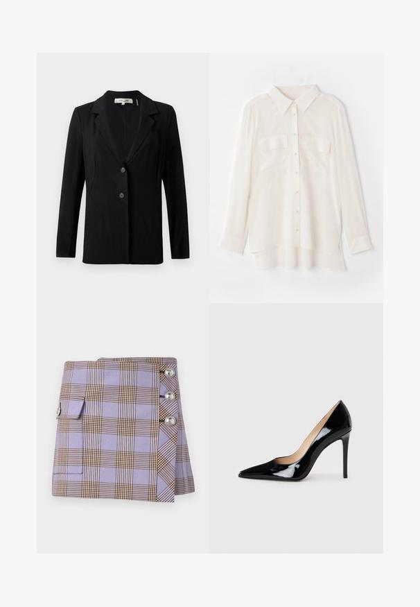 Fekete blézer, amelynek hajtott gallérja, két elülső gombja és szabott varrásai vannak. Simára szőtt anyagból készült, hosszú ujjú és strukturált fazonnal rendelkezik.; Könnyű anyagból készült fehér gombos ing. Klasszikus gallérral, két mellzsebbel, és enyhén hosszabb hátsó szegéllyel rendelkezik.; Rabanne Miniszoknya - purple/orange/cream/blue; Fekete lakkbőr magas sarkú pumpa hegyes orral és elegáns sziluettel. Simább, fényes felülettel és karcsú tűsarokkal rendelkezik.