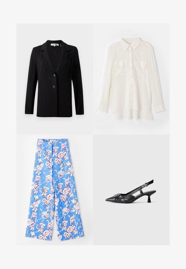 Blazer negru cu guler decupat, două butoane frontale și cusături ajustate. Fabricat dintr-un material neted, cu mâneci lungi și o croială structurată.; Cămașă albă cu nasturi, confecționată dintr-un material ușor. Prezintă un guler clasic, două buzunare pe piept și o margine din spate puțin mai lungă.; Pantaloni florali albaștri cu un model pastelat de trandafiri. Țesătura este netedă, cu o croială lejeră, picioare largi și o talie elastică.; Pantofii slingback din piele neagră, cu vârful ascuțit, curele decorative cu ochiuri din metal și toc bloc mic. Suprafață texturată.