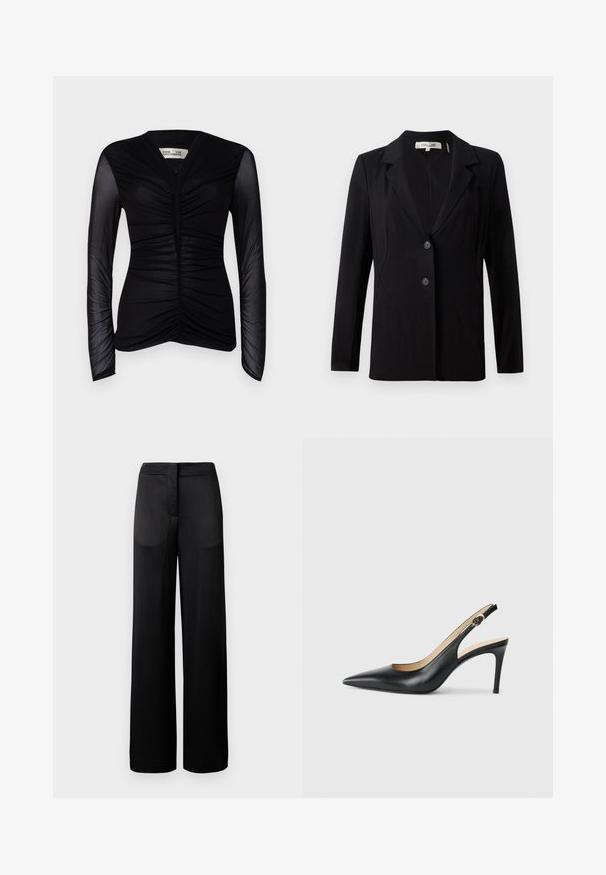 Schwarze Blazer mit Reverskragen, zwei vorderen Knöpfen und tailierten Nähten. Aus glattem Stoff mit langen Ärmeln und einer strukturierten Passform gefertigt.; Schwarzes langärmliges Oberteil mit gerafftem Vorderdesign, aus leichtem Stoff. Mit transparenten Ärmeln und V-Ausschnitt.; Schwarze weit geschnittene Hose mit strukturierter Oberfläche, ausgestattet mit einem flachen Bund und zwei Seitentaschen. Der Stoff wirkt leicht und fließend.; Schwarze Leder-Slingback-High-Heels mit spitzem Zehenbereich, verstellbarem Riemen und schlankem Stiletto-Absatz, ausgestattet mit einer glatten Oberfläche.