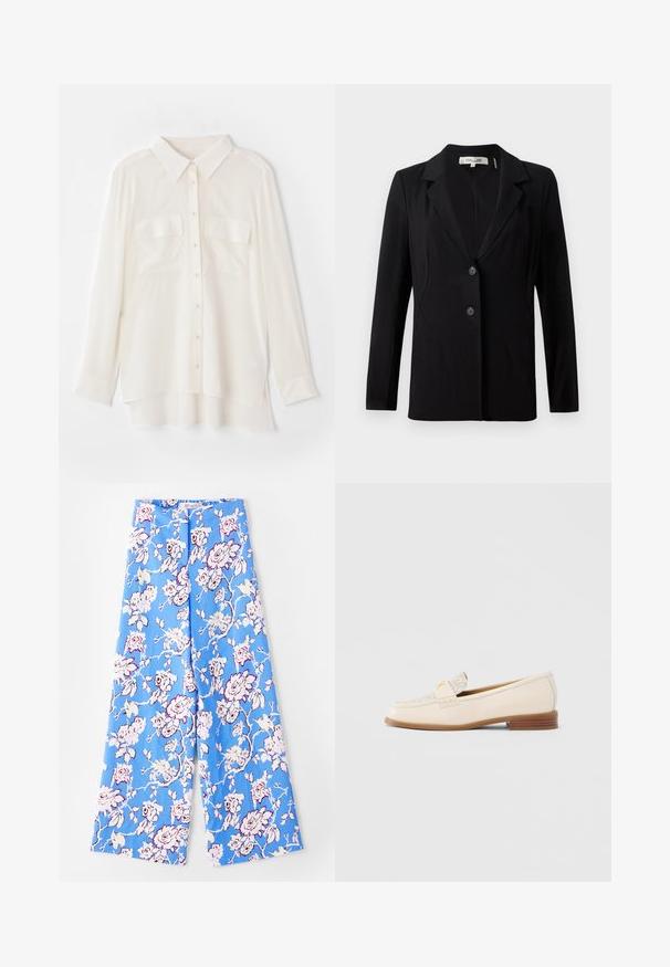 Black blazer featuring a notched collar, two front buttons, and tailored seams. Made of smooth fabric with long sleeves and a structured fit.; White button-up shirt made of lightweight fabric. Features a classic collar, two chest pockets, and a slightly longer back hem.; Blue floral pants featuring a pastel rose pattern. The fabric is smooth with a relaxed fit, wide legs, and an elastic waistband.; Beige leather loafer with textured upper, decorative strap, and small heel. Features a minimalist design and subtle logo detail.