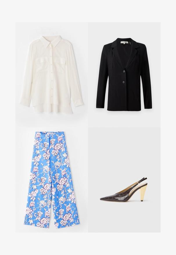 Black blazer featuring a notched collar, two front buttons, and tailored seams. Made of smooth fabric with long sleeves and a structured fit.; White button-up shirt made of lightweight fabric. Features a classic collar, two chest pockets, and a slightly longer back hem.; Blue floral pants featuring a pastel rose pattern. The fabric is smooth with a relaxed fit, wide legs, and an elastic waistband.; Pointed-toe slingback heel in dark brown glossy faux crocodile leather. Features a gold-tone geometric heel and adjustable ankle strap.