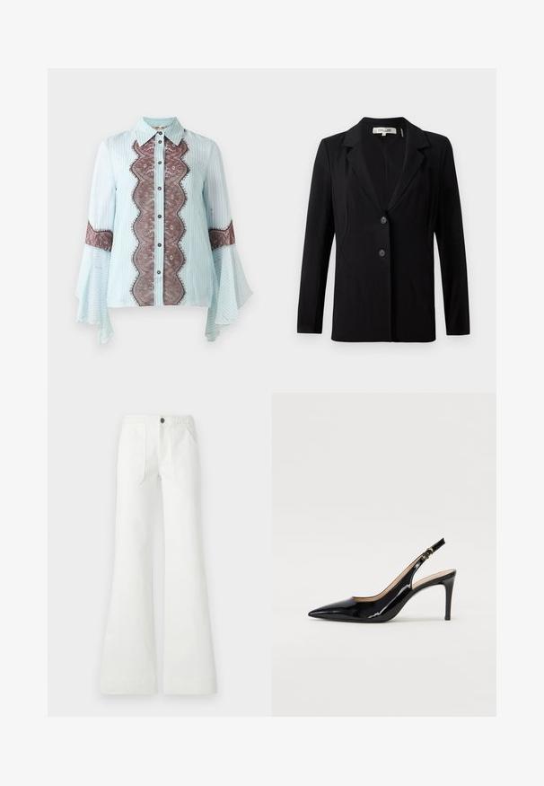 Černý blazer s výstřihem do V, dvěma předními knoflíky a přizpůsobenými švy. Vyroben z hladké látky, s dlouhými rukávy a strukturovaným střihem.; Světle modrá blůza s hnědým krajkovým detailem a pruhovaným vzorem. Má špičatý límec, zapínání na knoflíky a rozšířené rukávy.; Bílé kalhoty s rozšířenými nohavicemi vyrobené z tkané látky, s pleteným pasem, dvěma předními kapsami a hladkou texturou. Zapínání na černý knoflík.; Černé lakované slingback lodičky s špičatou špičkou, úzkým podpatkem a jemným výřezem. Obsahují zlatou sponu na řemínku.