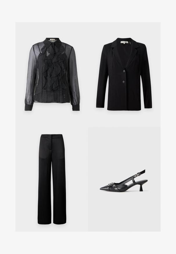 Sort blazer med slagkrave, to forreste knapper og skræddersyede sømme. Lavet af glat stof med lange ærmer og en struktureret pasform.; Sort gennemsigtig bluse med lodrette hvide striber, volangdetalje foran, lange ærmer og standard krave. Blød tekstur med knaplukninger.; Bredbenede sorte bukser med en tekstureret overflade, der har en flad talje og to sidelommer. Stoffet ser let og strømmende ud.; Sort lædersandal med spids tå, dekorative stropper med metaløjer og en lav blokhæl. Struktureret overflade.