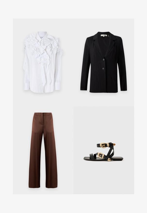 Zwarte blazer met een notch-kraag, twee knopen aan de voorkant en getailleerde naden. Gemaakt van een gladde stof met lange mouwen en een gestructureerde pasvorm.; Viktor&Rolf BOW BOUQUET SHIRT - Overhemdblouse - white; Bruine wijde broek gemaakt van een gladde, lichte stof, met een rechte voorkant, zonder zakken en een rechte silhoutte.; Zwarte leren sandaal met gouden gespaccenten, voorzien van meerdere banden en een vlakke zool voor open-teenschoen gebruik.