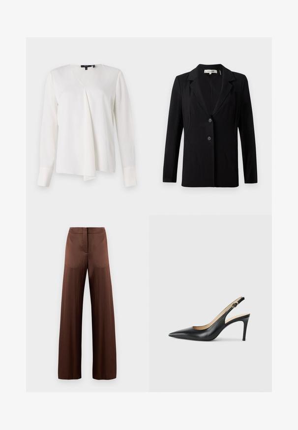 Melnā žakete ar izgrieztu apkakli, diviem priekšējiem pogām un piegriezuma šuvēm. Izgatavota no gludas auduma, ar garām piedurknēm un strukturētu piegriezumu.; Balta garo piedurkņu blūze ar V veida kaklu, ar drapētu priekšpusi, gludu tekstūru un strukturētām aprocēm. Vienkāršs un daudzpusīgs stils.; Brūni platleģi bikses, izgatavotas no gludas, vieglas auduma, ar plakanu fronti, bez kabatām un taisnu siluetu.; Melnas ādas sandales ar augstiem papēžiem un norādītu degunu, regulējama josta un elegants stiletto papēdis, kas izceļas ar gludu apdari.