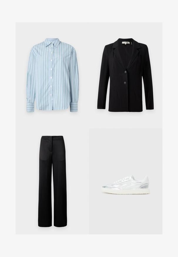 Blazer nero con colletto a punta, due bottoni frontali e cuciture sartoriali. Realizzato in tessuto liscio con maniche lunghe e una vestibilità strutturata.; Camicia a maniche lunghe azzurro chiaro con strisce verdi verticali, apertura con bottoni davanti e polsini a strisce contrastanti. Tessuto liscio, design del colletto classico.; Pantaloni neri a gamba larga con superficie texture, dotati di vita piatta e due tasche laterali. Il tessuto sembra leggero e fluente.; Scarpe da ginnastica bianche con accenti metallici argento, texture liscia, punta rotonda, suola piatta e design tradizionale con lacci.