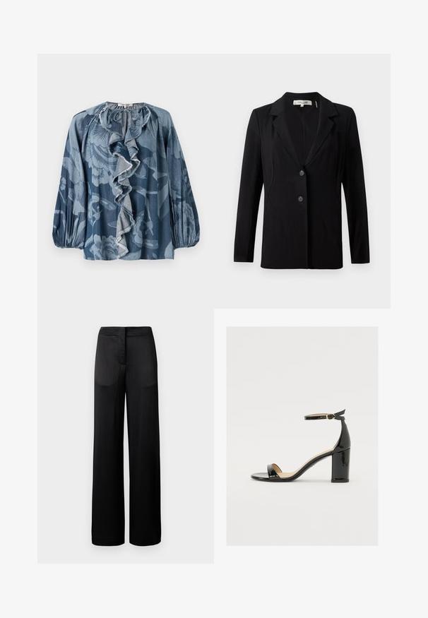Blazer nero con colletto a punta, due bottoni frontali e cuciture sartoriali. Realizzato in tessuto liscio con maniche lunghe e una vestibilità strutturata.; Blusa floreale blu con dettagli a ruches sul collo, maniche lunghe e tessuto testurizzato. Il design include diverse tonalità di blu e sottili motivi.; Pantaloni neri a gamba larga con superficie texture, dotati di vita piatta e due tasche laterali. Il tessuto sembra leggero e fluente.; Sandalo in vernice nera con tacco largo, punta aperta e cinturino alla caviglia con fibbia dorata. Texture liscia e design elegante.