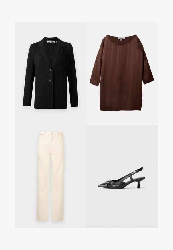 Črni blazer z izrezanim ovratnikom, dvema sprednjima gumboma in krojenimi šivi. Narejen iz gladkega materiala z dolgimi rokavi in strnjeno silhueto.; Rjava, ohlapna bluza s širokim čolnastim izrezom in rokavi do tričetrtine, izdelana iz gladkega, teksturiranega blaga. Vrh ima subtilne gubice.; Rabanne Ravne kavbojke - off white denim; Črne usnjene sandale središnje zaponke z ostro konico, okrasnimi trakovi z kovinskimi očesi in nizko blokasto peto. Teksturirana površina.