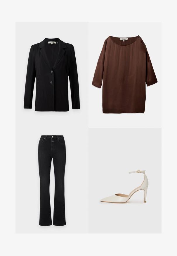 Svart blazer med notch-krage, två framknappar och skräddarsydda sömmar. Tillverkad av ett slätt material med långa ärmar och en strukturerad passform.; Brun, lösblåsande blus med bred båturringning och trekvartslånga ärmar, gjord av slät, texturerad tyg. Toppen har subtila rynkor.; Svarta utsvängda jeans i denim, med hög midja, fem fickor, detaljering i guldton och en slät yta.; Vit läderhögklackad sko med spetsig tå, ankelrem och en smal stilettklack. Slät textur med diskret glänsande finish.