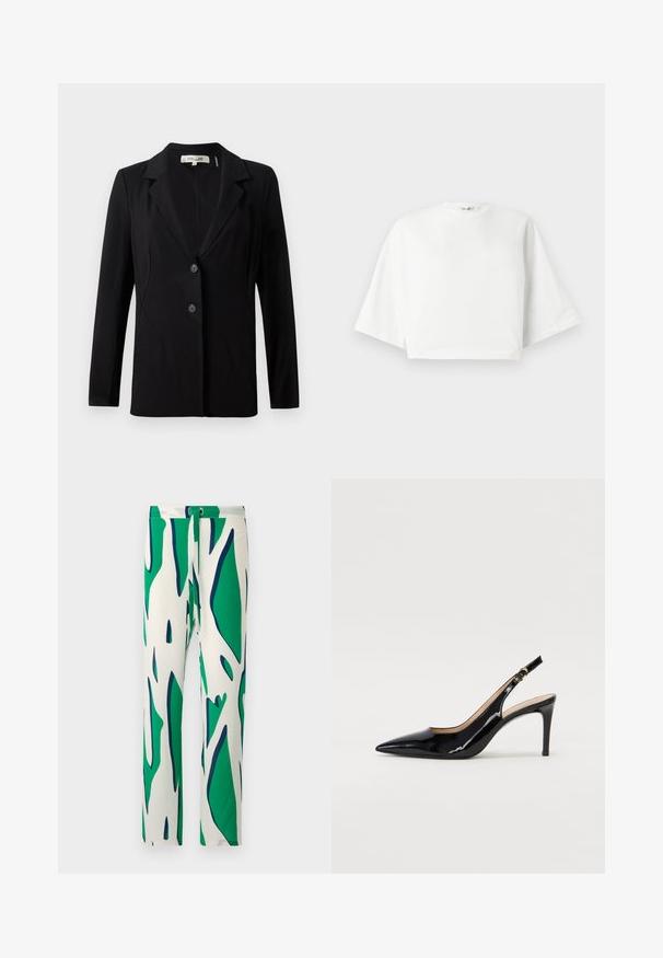 Blazer noir avec un col cranté, deux boutons à l'avant et des coutures ajustées. Fabriqué en tissu lisse avec des manches longues et une coupe structurée.; T-shirt blanc court à coupe décontractée, manches courtes larges, encolure ronde et fentes latérales, fabriqué en coton doux.; Pantalon blanc avec un motif abstrait audacieux en vert et bleu marine. Conçu avec une jambe droite et fermé par un bouton.; Pompe slingback en cuir verni noir avec un bout pointu, un talon fin et un design de découpes subtil. Elle dispose d'une boucle dorée sur la sangle.