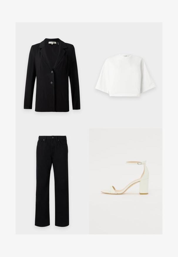 Fekete blézer, amelynek hajtott gallérja, két elülső gombja és szabott varrásai vannak. Simára szőtt anyagból készült, hosszú ujjú és strukturált fazonnal rendelkezik.; Fehér, rövidített póló laza fazonnal, széles rövid ujjakkal, kerek nyakkal és oldalsó hasítékokkal, puha pamut anyagból készült.; Fekete egyenes szárú farmernadrág, pamutból készült, elöl gombos záródással, övszíjhurkokkal és öt zsebbel. Simább textúra, minta nélkül.; Fehér bőrsarkú szandál bokaankarral és csattal, minimális dizájnnal. Nyitott orrú és sima textúrákkal az egész felületen.