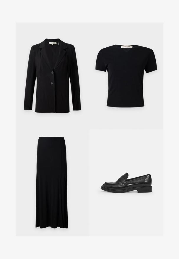 Blazer preto com colarinho em corte a direito, dois botões frontais e costuras ajustadas. Feito de tecido suave, com mangas compridas e um corte estruturado.; T-shirt preto de manga curta com um design em V, feito de um tecido liso e elástico. Apresenta uma silhueta simples e clássica, sem adornos.; Saia maxi preta feita de um tecido suave, com uma fenda lateral, cintura elástica e corte reto para um design minimalista.; Mocassins pretos em couro brilhante com bico arredondado, uma fita decorativa na parte superior e um salto baixo em bloco. Textura suave e brilhante.
