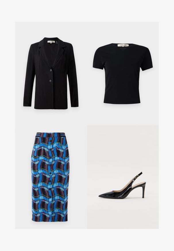 Fekete blézer, amelynek hajtott gallérja, két elülső gombja és szabott varrásai vannak. Simára szőtt anyagból készült, hosszú ujjú és strukturált fazonnal rendelkezik.; Fekete, rövid ujjú póló V-nyakkivágással, sima, rugalmas anyagból készült. Egyszerű, klasszikus fazonnal rendelkezik, díszítések nélkül.; Térd hosszúságú, kék szoknya színes hullámmintával, fekete derékkal, elől gombokkal és két oldalsó zsebbel.; Fekete lakk bőr kötött magassarkú cipő, hegyes orral és karcsú sarokkal, finom kivágásos dizájnnal. Az övön arany csatt található.