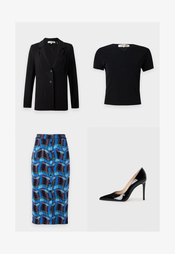 Melnā žakete ar izgrieztu apkakli, diviem priekšējiem pogām un piegriezuma šuvēm. Izgatavota no gludas auduma, ar garām piedurknēm un strukturētu piegriezumu.; Melnā īsām piedurknēm t-krekls ar V-veida kakla izgriezumu, izgatavots no gluda, elastīga auduma. Piedāvā vienkāršu, klasisku siluetu bez rotājumiem.; Zilā ceļgalu garuma svārki ar daudzkrāsainu viļņu rakstu, ar melnu jostas daļu, priekšējiem pogām un divām sānu kabatām.; Melnā lakota ādas augstpapēžu kurpe ar norādītas formas purngalu un elegantu siluetu. Iespēj gludu, spīguļojošu apdari un šauru stiletto papēdi.