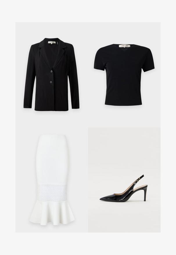 Juodas švarkas su įpjovimu ant apykaklės, dviem priekiniais mygtukais ir pritaikytais siūlais. Pagamintas iš lygaus audinio, su ilgomis rankovėmis ir struktūruotu siluetu.; Juodas trumpas rankovės marškinėliai su V formos iškirpte, pagaminti iš lygaus, tampraus audinio. Pasižymi paprasta, klasikinė siluetu be dekoracijų.; Balta midi sijonas iš gilių audinių, su tinklo juostele apačioje ir platėjančiu dugnu. Lygus paviršius su apvaliais išpjovimais.; Juodas lakinės odos slingback batelis su smailiu nosiu, plonu kulnu ir subtiliu išpjovos dizainu. Yra auksinė sagtis ant dirželio.