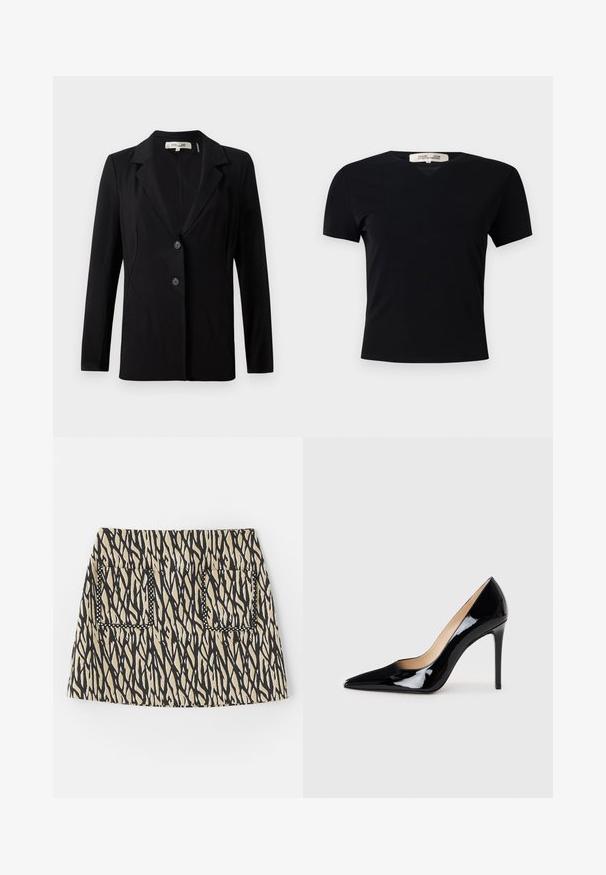 Melnā žakete ar izgrieztu apkakli, diviem priekšējiem pogām un piegriezuma šuvēm. Izgatavota no gludas auduma, ar garām piedurknēm un strukturētu piegriezumu.; Melnā īsām piedurknēm t-krekls ar V-veida kakla izgriezumu, izgatavots no gluda, elastīga auduma. Piedāvā vienkāršu, klasisku siluetu bez rotājumiem.; Īss svārks ar melnu un bežīgu abstraktu rakstu, ar divām priekšējām kabatām, kuras ir izšūtas ar melnu diegu. Audums no kokvilnas un sintētikas maisījuma.; Melnā lakota ādas augstpapēžu kurpe ar norādītas formas purngalu un elegantu siluetu. Iespēj gludu, spīguļojošu apdari un šauru stiletto papēdi.