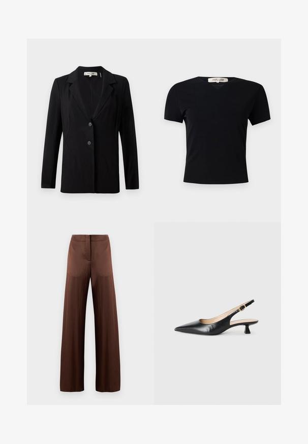 Schwarze Blazer mit Reverskragen, zwei vorderen Knöpfen und tailierten Nähten. Aus glattem Stoff mit langen Ärmeln und einer strukturierten Passform gefertigt.; Schwarzes T-Shirt mit kurzen Ärmeln und V-Ausschnitt, aus einem glatten, elastischen Stoff hergestellt. Besitzt eine einfache, klassische Silhouette ohne Verzierungen.; Braune Schlaghosen aus glattem, leichtem Stoff, mit flacher Vorderseite, ohne Taschen und geradem Schnitt.; Schwarze Leder-Slingback-Kitten-Heel-Schuhe mit spitzem Zehenbereich und goldener Schnalle am Seitenriemen, auf weißem Hintergrund.
