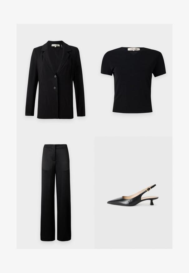Schwarze Blazer mit Reverskragen, zwei vorderen Knöpfen und tailierten Nähten. Aus glattem Stoff mit langen Ärmeln und einer strukturierten Passform gefertigt.; Schwarzes T-Shirt mit kurzen Ärmeln und V-Ausschnitt, aus einem glatten, elastischen Stoff hergestellt. Besitzt eine einfache, klassische Silhouette ohne Verzierungen.; Schwarze weit geschnittene Hose mit strukturierter Oberfläche, ausgestattet mit einem flachen Bund und zwei Seitentaschen. Der Stoff wirkt leicht und fließend.; Schwarze Leder-Slingback-Kitten-Heel-Schuhe mit spitzem Zehenbereich und goldener Schnalle am Seitenriemen, auf weißem Hintergrund.