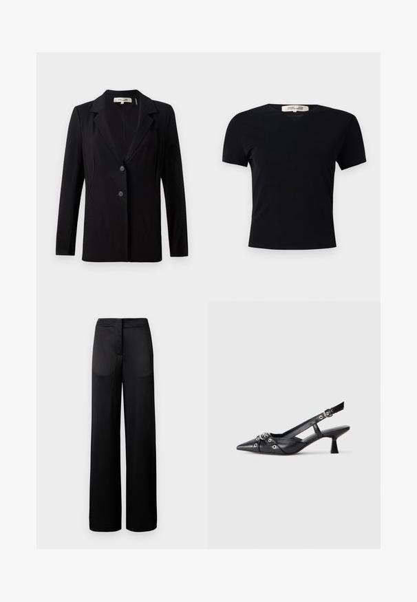 Sort blazer med slagkrave, to forreste knapper og skræddersyede sømme. Lavet af glat stof med lange ærmer og en struktureret pasform.; Sort kortærmet t-shirt med V-halsdesign, lavet af et glat, strækbart stof. Har en enkel, klassisk silhuet uden udsmykninger.; Bredbenede sorte bukser med en tekstureret overflade, der har en flad talje og to sidelommer. Stoffet ser let og strømmende ud.; Sort lædersandal med spids tå, dekorative stropper med metaløjer og en lav blokhæl. Struktureret overflade.