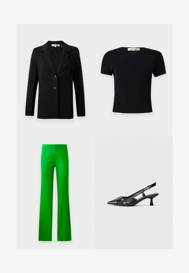 Blazer negru cu guler decupat, două butoane frontale și cusături ajustate. Fabricat dintr-un material neted, cu mâneci lungi și o croială structurată.; Tricou negru, cu mânecă scurtă, de tip V, confecționat dintr-un material neted și elastic. Prezintă o siluetă simplă, clasică, fără embellishments.; Pantaloni evazați de culoare verde aprins, confecționați dintr-un material neted, cu față plată și fără buzunare vizibile. Design curat, minimalist.; Pantofii slingback din piele neagră, cu vârful ascuțit, curele decorative cu ochiuri din metal și toc bloc mic. Suprafață texturată.