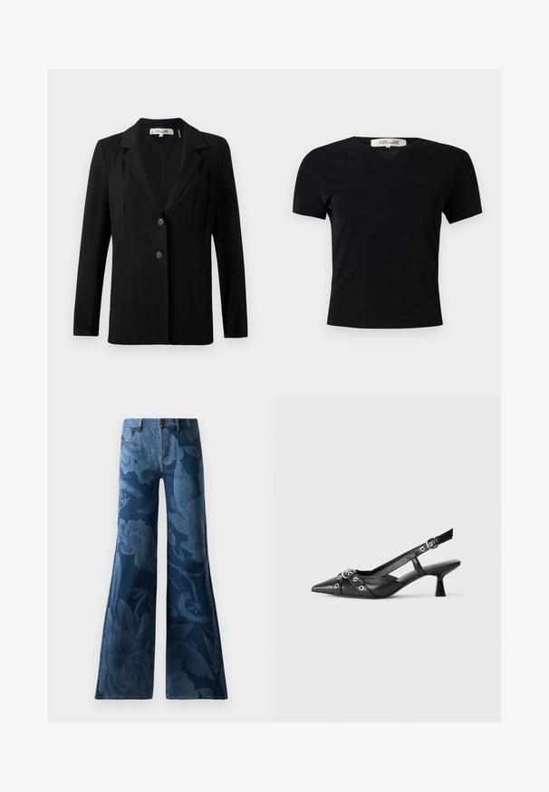 Black blazer featuring a notched collar, two front buttons, and tailored seams. Made of smooth fabric with long sleeves and a structured fit.; Black short-sleeve t-shirt with a V-neck design, made of a smooth, stretchy fabric. Features a simple, classic silhouette without embellishments.; Flared denim jeans in dark blue featuring a tonal floral print. Standard five-pocket design with a front button and zipper closure.; Black leather slingback shoe with a pointed toe, decorative straps featuring metal eyelets, and a low block heel. Textured surface.