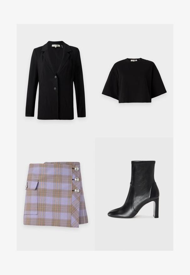 Melnā žakete ar izgrieztu apkakli, diviem priekšējiem pogām un piegriezuma šuvēm. Izgatavota no gludas auduma, ar garām piedurknēm un strukturētu piegriezumu.; Melns īsais krekls, ko izgatavo no kokvilnas, ar noapaļotu kakla izgriezumu un īsām, plašām piedurknēm, kas nodrošina brīvu piegājienu. Gluda tekstūra, vienkāršs dizains.; Rabanne Minisvārki - purple/orange/cream/blue; Melnas ādas potītes zābaks ar elegantu dizainu, norādītu pirkstu un augstu kvadrātveida papēdi. Ir gluda tekstūra un minimālisma šuvju detaļas.