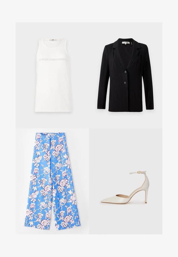 Black blazer featuring a notched collar, two front buttons, and tailored seams. Made of smooth fabric with long sleeves and a structured fit.; White tank top made of soft fabric. Features the text "SHADOWBANNED" in light gray across the chest. Simple, sleeveless design.; Blue floral pants featuring a pastel rose pattern. The fabric is smooth with a relaxed fit, wide legs, and an elastic waistband.; White leather high-heeled shoe with a pointed toe, ankle strap, and a slim stiletto heel. Smooth texture with subtle glossy finish.