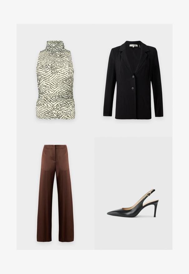 Must must on, millel krae, kaks esitöö nööpi ja kohandatud õmblused. Valmistatud siledast kangast, pikkade varrukate ja struktureeritud istuvusega.; Kohandatud ilma varrukateta topp kõrge kaelusega, mis on beezist põhitooni ja mustade täppidega lainemustriga; valmistatud siledast, venivast kangast.; Pruunid laiad püksid, mis on valmistatud siledast ja kergest kangast, laia esiosa, ilma taskuteta ja otsejooneliselt disainitud.; Mustad nahast seljataga kõrged kontsad, kellel on terav varvas, reguleeritav rihm ja sujuva viimistlusega stiilne stiletto konts.